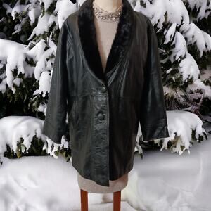 MINK Fur Collar Leather Coat Sz L Black Long Jacket Glam Sophisticated Elegant